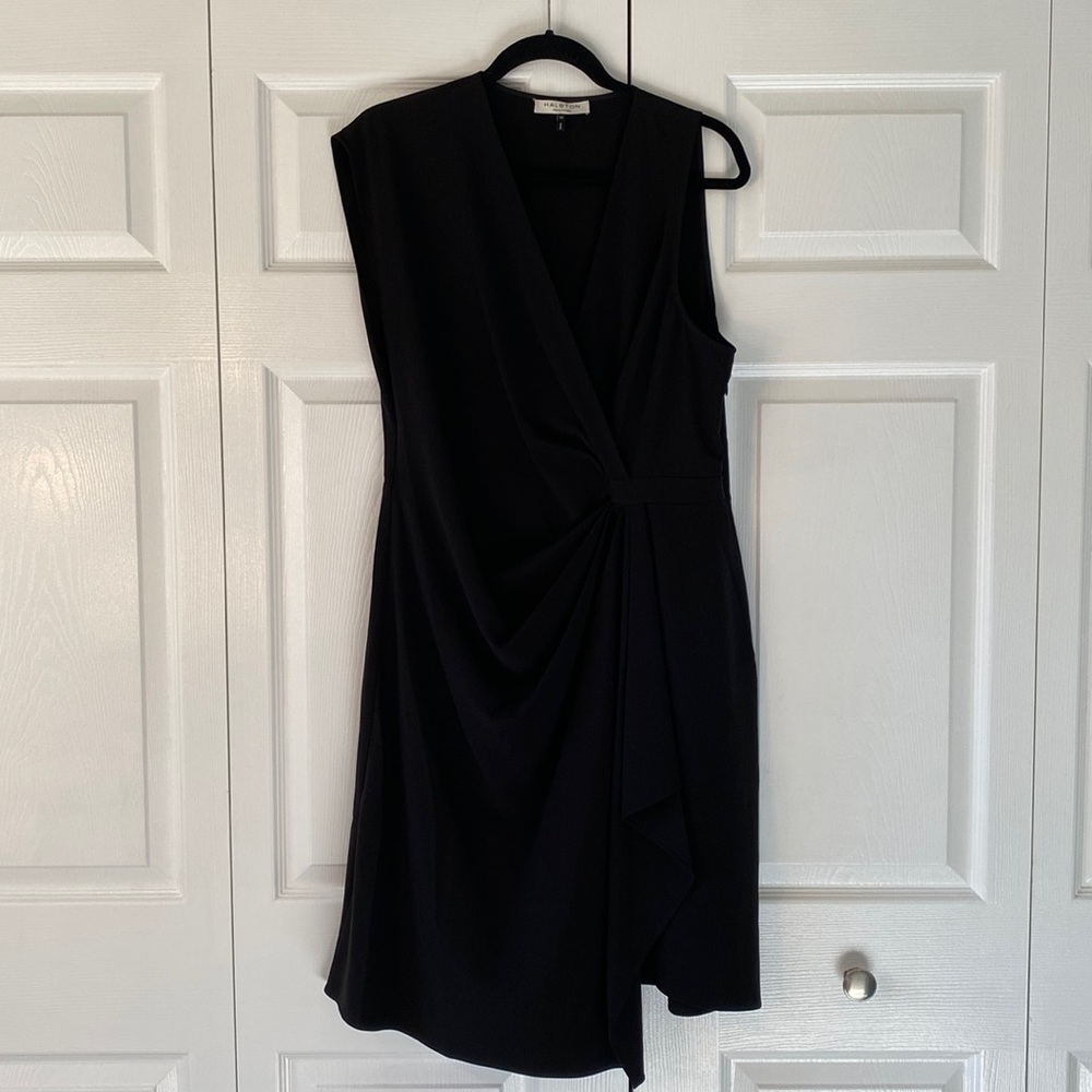 New black Halston Heritage mini dress, asymmetrical design, size 14